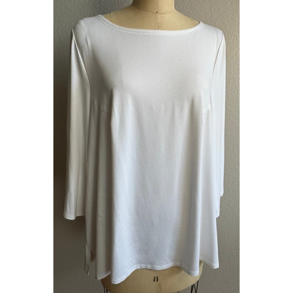 Eileen Fisher White Viscose‎ Shirt A-Line Tunic Sz Large Flare Sleeves EUC Soft